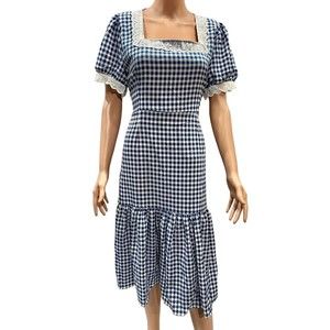NWT Vintage Retro Style Lace Square Neck Dress Blue Checks Tie Back Fit Sz SML